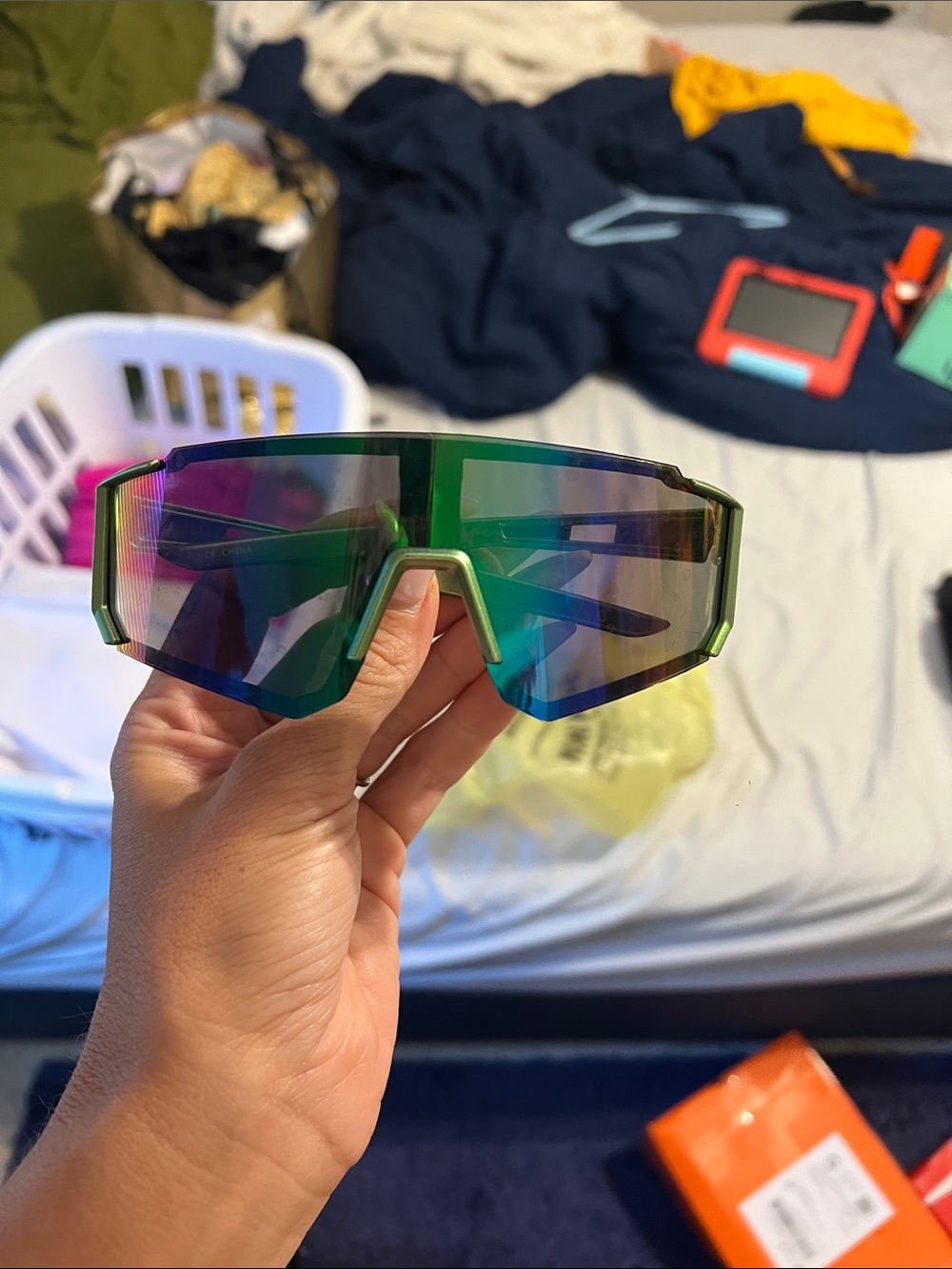 Green Mirrored Shield Cycling Sunglasses
